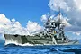 A digital illustration of the Italian heavy cruiser Gorizia sailing on the open sea with a camouflage paint scheme.