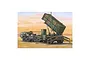 Box art illustration of a Trumpeter 1/72 scale M983 HEMTT truck towing an M901 Patriot missile launching station in a desert landscape.