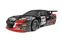 HPI E10 Fail Crew Nissan Skyline R34 GT-R RC drift car in black, grey, and red livery with sponsor decals on a white background.