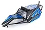 Rovan black steel roll cage for Baja RC buggy with blue and black painted panels, LED light bar, and spare tyre mount.