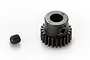 A steel 23-tooth pinion gear with a grub screw on a white background.