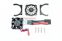 GPM Racing black aluminium motor heat sink set with cooling fan, mounting brackets, screws, and a power connector cable.