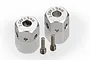 Two silver aluminium 12mm wheel hex adapters with 9mm extension, including two small threaded pins, on a white reflective surface.