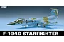 A side profile view of an assembled and painted 1/72 scale Academy F-104G Starfighter model aircraft on a blue background.