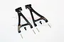 Two black aluminium front lower suspension arms for an RC car, accompanied by small screws and metal hinge pins on a white background.