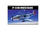 Box art for Academy 1/72 scale P-51D Mustang plastic model kit featuring an illustration of a silver fighter plane in flight.