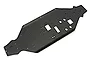 A black aluminium main chassis plate for a Kyosho RC car, featuring various mounting holes and cutouts, shown on a white background.
