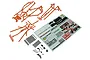 Kyosho Javelin orange roll cage body set parts, including metal plates, decal sheet, and assorted hardware on a white background.