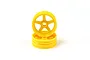 Two bright yellow five-spoke RC car rims stacked on a white background.