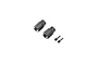 Two black metal RC centre drive cups with two matching grub screws and pins on a white background.