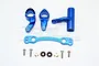 GPM Racing blue aluminium steering assembly set for RC cars, including metal steering arms, a tie rod, screws, and bushings.