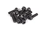 A pile of ten black metal cap head screws with hex sockets, arranged on a white background.