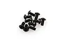 A small pile of ten black metal button head screws with hex drive sockets, isolated on a white background.
