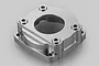 A silver-coloured metal clutch housing for an RC engine, shown from a high-angle perspective against a plain light grey background.