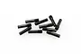 A small pile of ten black metal grub screws with a smooth shaft and threaded end on a white background.