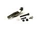 Kyosho aluminium throttle servo horn set for Futaba, including a grey metal horn, screws, nuts, and a plastic bushing on a white background.
