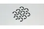 A collection of ten small, dark grey metal E-clips arranged in a cluster on a plain white background.