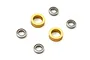 Kyosho front double bearing set including two gold-coloured metal spacers and three silver-coloured ball bearings on a white background.