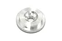 A silver-coloured Kyosho nitro engine combustion chamber insert viewed from the top, showing the threaded hole for a glow plug.