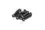 A small pile of black metal button head screws with hex drive sockets, isolated on a white background.