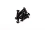 A small pile of black button head screws with coarse threads on a white background.