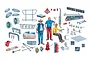 An illustration of various 1/24 scale truck accessories and three human figures for a model kit.