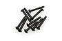 A small pile of ten black metal button head screws with coarse threads, isolated on a white background.