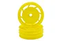 Two bright yellow Kyosho 8D front RC buggy rims stacked on a white background.