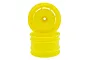 Two bright yellow RC buggy rear rims stacked vertically against a white background.