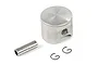 A silver metal RC engine piston with a gudgeon pin and two wire circlips on a white background.