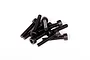 A small pile of black metal cap head screws for RC vehicles on a white background.