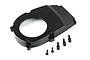 A black aluminium flywheel cover for a 71cc 2-stroke RC engine, shown with five included mounting screws on a white background.