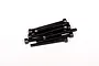 A small pile of ten black metal cap head screws arranged on a white background.
