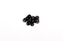A small pile of black metal nyloc nuts for RC vehicles against a plain white background.