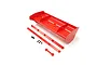 A Kyosho 210mm rear wing set in fluorescent red, including the main wing, two support rails, small black screws, and red plastic washers on a white background.