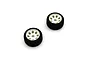Two Kyosho RC front foam tyres with white multi-spoke rims on a white background.