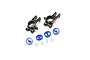 Two black aluminium rear hub carriers for an RC car, accompanied by four blue plastic inserts and four small clear plastic bushings.