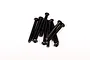 A small pile of ten black metal button head screws with hex drive sockets, arranged on a plain white background.