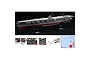 A 1/700 scale plastic model of the IJN Hiryu aircraft carrier, shown assembled on a stand, with assembly diagrams and a decal sheet below.