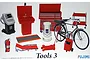 A collection of 1/24 scale model garage accessories by Fujimi, including a toolbox, bicycle, fire extinguisher, floor jack, and heater.