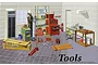 An illustrated box art for a Fujimi 1/24 scale garage and tool set, featuring various workshop equipment like a tool chest, welding gear, and workbench.