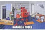 An illustration of a 1/24 scale model garage set including a tool chest, shelving, welding equipment, and various workshop tools.