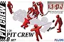 Fujimi 1/20 scale Pit Crew B set model kit box art showing red-clad crew figures performing pit stop actions on a line-art race car.