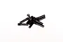 A small pile of black metal grub screws with threaded ends on a plain white background.