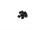 A small pile of ten black metal grub screws with hexagonal drive sockets, isolated on a white background.
