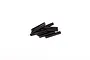 A small pile of black metal grub screws arranged on a plain white background.