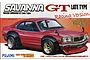 Box art for a Fujimi 1/24 scale Mazda Savanna GT Late Type Racing version plastic model kit showing a red racing car with wide black fender flares.