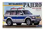 Product box for a Fujimi 1/24 scale Mitsubishi Pajero Full-Option plastic model kit featuring an illustration of a two-tone SUV with a roof rack.