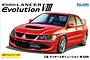 Box art for a Fujimi 1/24 scale Mitsubishi Lancer Evolution VIII GSR plastic model kit featuring a red car illustration.