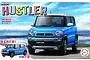 Fujimi 1/24 scale Suzuki Hustler model kit box art showing a blue and white Suzuki Hustler car against a beach background.